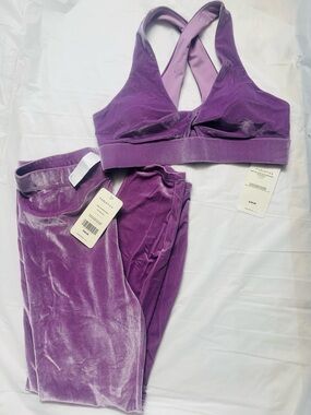 Fabletics Purple Velvet Crisscross Sports Bra and Leggings Set